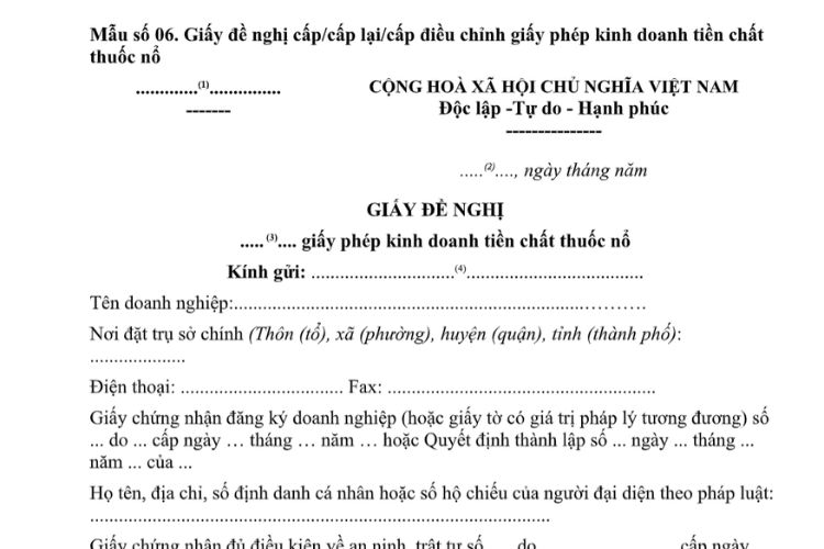 Mẫu Giấy đề nghị cấp/cấp lại/cấp điều chỉnh giấy phép kinh doanh tiền chất thuốc nổ 2 Mẫu Giấy đề nghị cấp/cấp lại/cấp điều chỉnh giấy phép kinh doanh tiền chất thuốc nổ