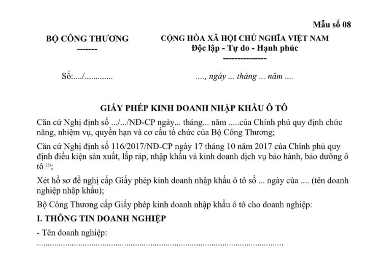 Mẫu Giấy phép kinh doanh nhập khẩu ô tô