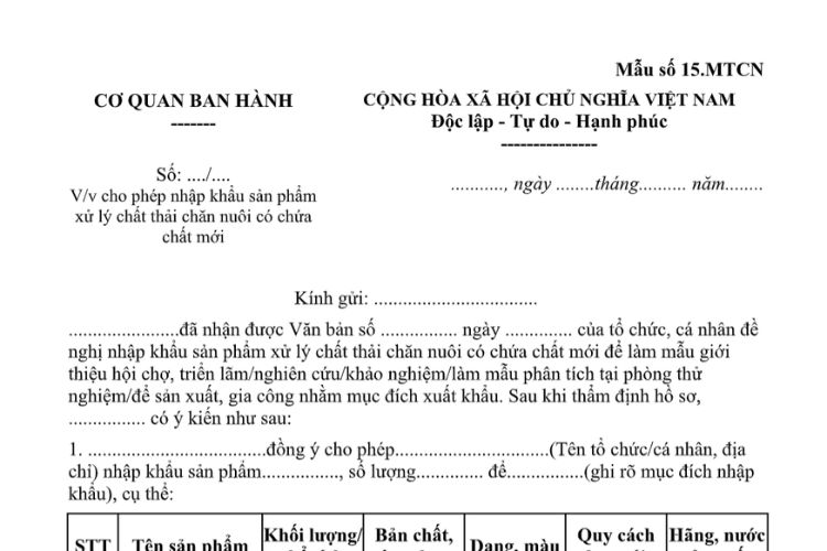 Mẫu Giấy phép nhập khẩu sản phẩm xử lý chất thải chăn nuôi có chứa chất mới