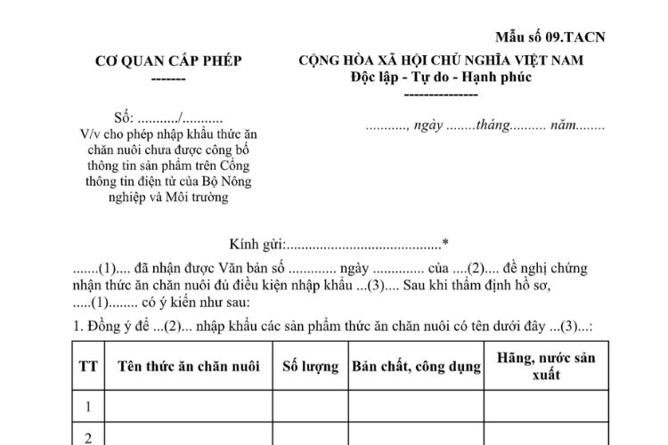 Mẫu Giấy phép nhập khẩu thức ăn chăn nuôi chưa được công bố thông tin