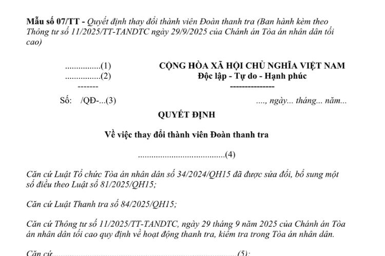 Mẫu Quyết định thay đổi thành viên đoàn thanh tra trong Tòa án nhân dân 2 Mẫu Quyết định thay đổi thành viên đoàn thanh tra trong Tòa án nhân dân