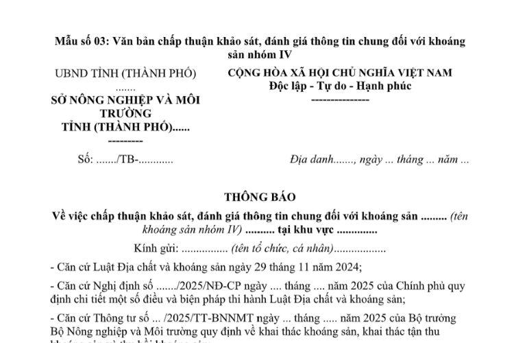 Mẫu Văn bản chấp thuận khảo sát, đánh giá thông tin chung đối với khoáng sản nhóm IV 2 Mẫu Văn bản chấp thuận khảo sát, đánh giá thông tin chung đối với khoáng sản nhóm IV