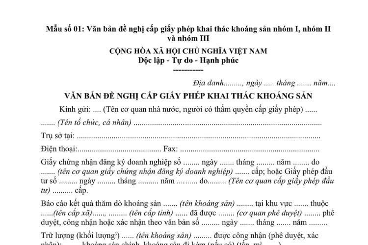 Mẫu Văn bản đề nghị cấp giấy phép khai thác khoáng sản nhóm I, nhóm II và nhóm III 2 Mẫu Văn bản đề nghị cấp giấy phép khai thác khoáng sản nhóm I, nhóm II và nhóm III