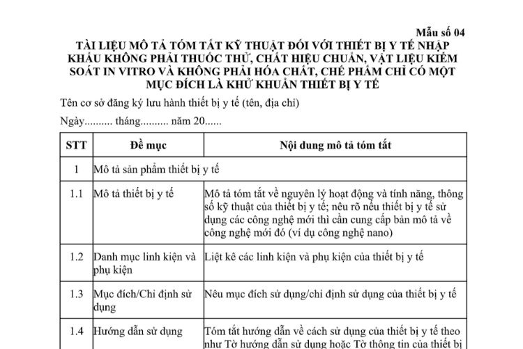 Tài liệu mô tả tóm tắt kỹ thuật đối với thiết bị y tế nhập khẩu không phải thuốc thử, chất hiệu chuẩn, vật liệu kiểm soát in vitro và không phải hóa chất, chế phẩm chỉ có một mục đích là khử khuẩn thiết bị y tế