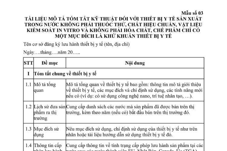 Tài liệu mô tả tóm tắt kỹ thuật đối với thiết bị y tế sản xuất trong nước không phải thuốc thử, chất hiệu chuẩn, vật liệu kiểm soát in vitro và không phải hóa chất, chế phẩm chỉ có một mục đích là khử khuẩn thiết bị y tế