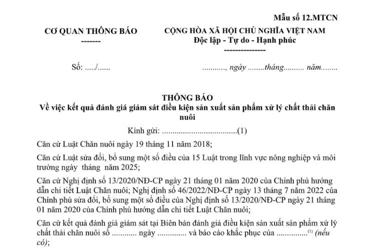 Thông báo kết quả đánh giá giám sát điều kiện sản xuất sản phẩm xử lý chất thải chăn nuôi