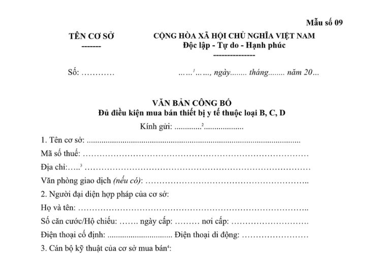 Văn bản công bố đủ điều kiện mua bán thiết bị y tế thuộc loại B, C, D