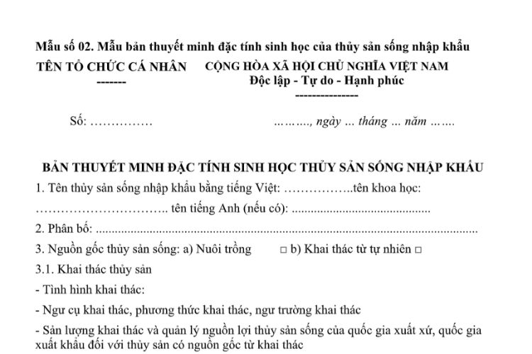 Mẫu Bản thuyết minh đặc tính sinh học của thủy sản sống nhập khẩu