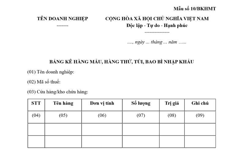 Mẫu Bảng kê hàng mẫu, hàng thử, túi, bao bì nhập khẩu