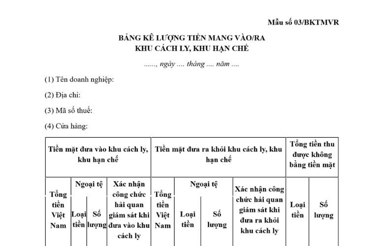 Mẫu Bảng kê lượng tiền mang vào/ra khu cách ly, khu hạn chế