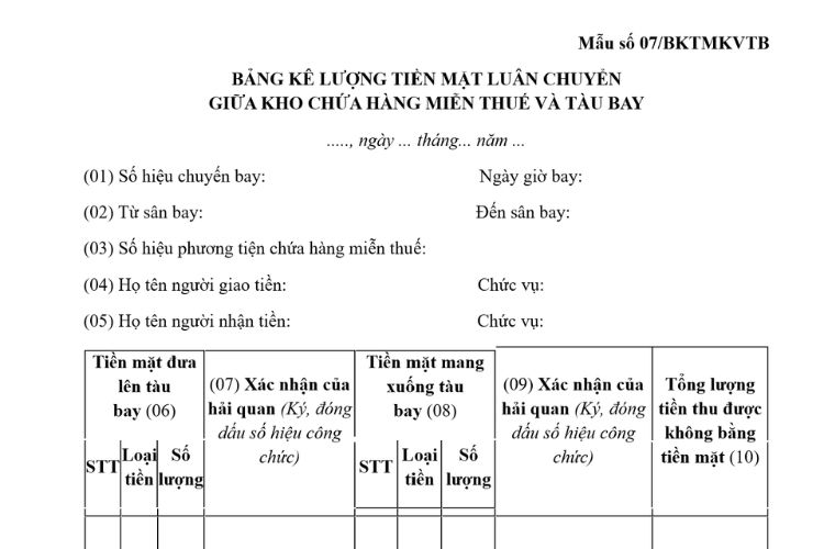 Mẫu Bảng kê lượng tiền mặt luân chuyển giữa kho chứa hàng miễn thuế và tàu bay