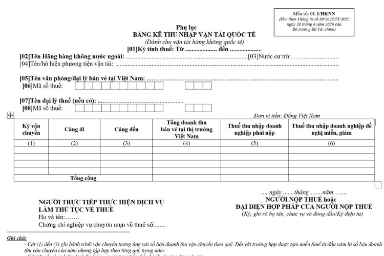 Mẫu Bảng kê thu nhập vận tải quốc tế (Mẫu số: 01-1/HKNN) 2 Mẫu Bảng kê thu nhập vận tải quốc tế (Mẫu số: 01-1/HKNN)