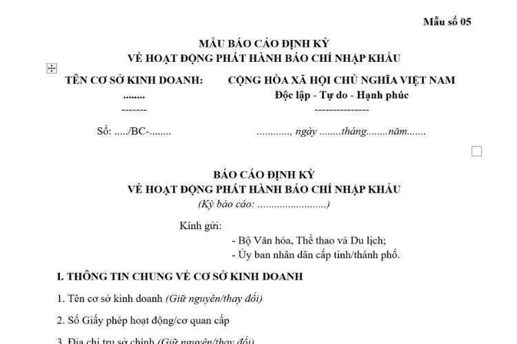Mẫu Báo cáo định kỳ về hoạt động phát hành báo chí nhập khẩu 2 Mẫu Báo cáo định kỳ về hoạt động phát hành báo chí nhập khẩu