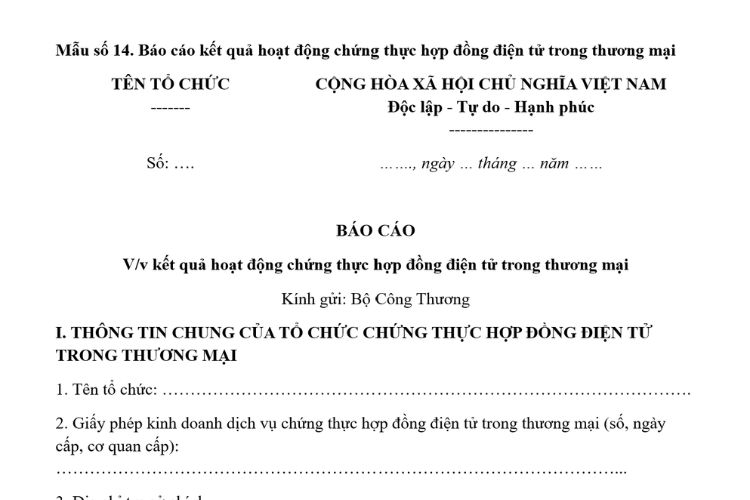 Mẫu Báo cáo kết quả hoạt động chứng thực hợp đồng điện tử trong thương mại