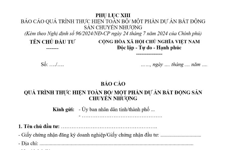 Mẫu Báo cáo quá trình thực hiện toàn bộ/ một phần dự án bất động sản chuyển nhượng 2 Mẫu Báo cáo quá trình thực hiện toàn bộ/ một phần dự án bất động sản chuyển nhượng