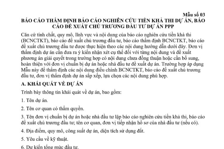 Mẫu Báo cáo thẩm định báo cáo nghiên cứu tiền khả thi dự án PPP, báo cáo đề xuất chủ trương đầu tư dự án PPP 2 Mẫu Báo cáo thẩm định báo cáo nghiên cứu tiền khả thi dự án PPP, báo cáo đề xuất chủ trương đầu tư dự án PPP