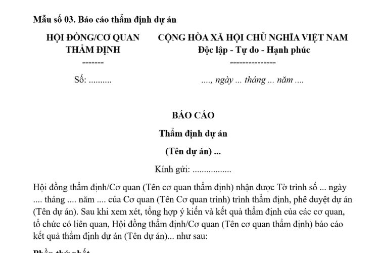 Mẫu Báo cáo thẩm định dự án