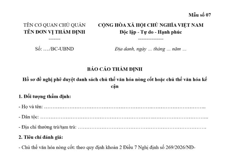 Mẫu Báo cáo thẩm định Hồ sơ đề nghị phê duyệt danh sách chủ thể văn hóa nòng cốt hoặc chủ thể văn hóa kế cận 2 Mẫu Báo cáo thẩm định Hồ sơ đề nghị phê duyệt danh sách chủ thể văn hóa nòng cốt hoặc chủ thể văn hóa kế cận
