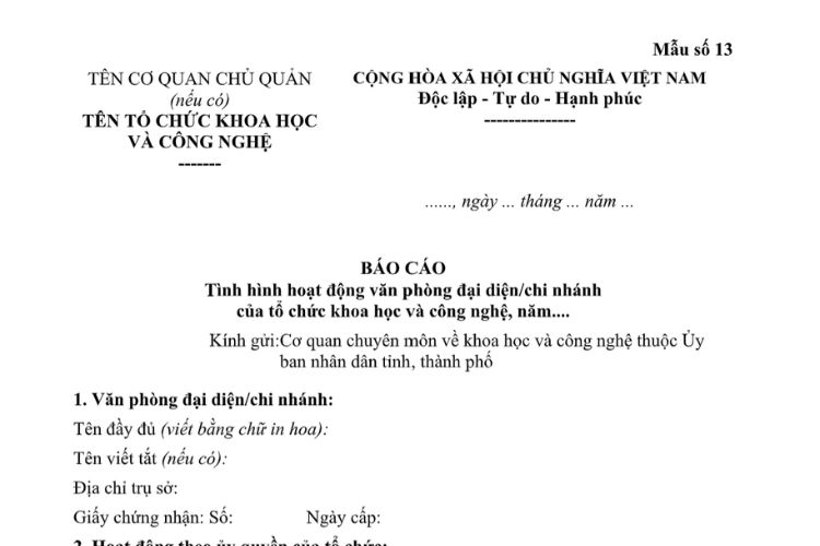 Mẫu Báo cáo tình hình hoạt động văn phòng đại diện/chi nhánh của tổ chức khoa học và công nghệ