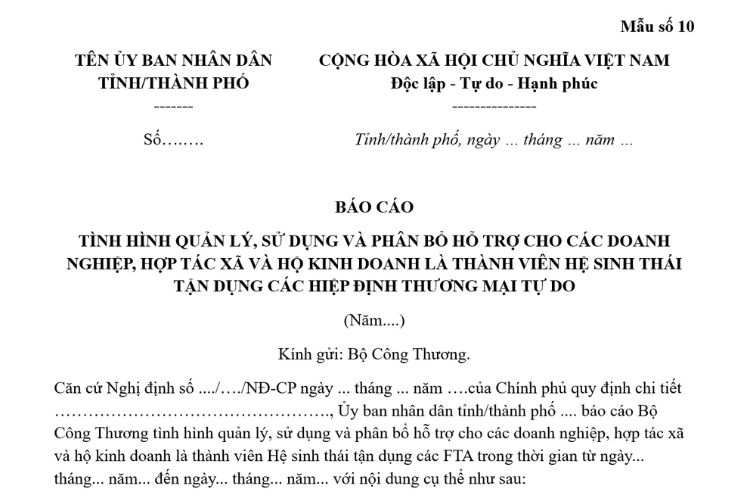 Mẫu Báo cáo tình hình quản lý, sử dụng và phân bổ hỗ trợ cho các doanh nghiệp, hợp tác xã và hộ kinh doanh là thành viên Hệ sinh thái tận dụng các Hiệp định thương mại tự do