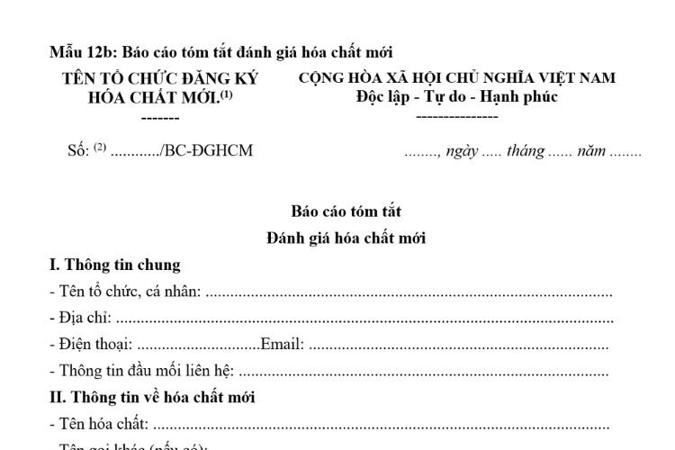 Mẫu Báo cáo tóm tắt đánh giá hóa chất mới 2 Mẫu Báo cáo tóm tắt đánh giá hóa chất mới