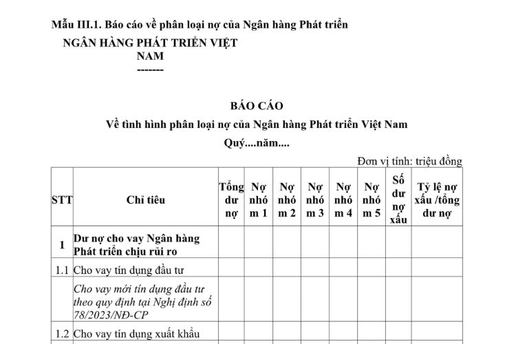Mẫu Báo cáo về phân loại nợ của Ngân hàng Phát triển 2 Mẫu Báo cáo về phân loại nợ của Ngân hàng Phát triển