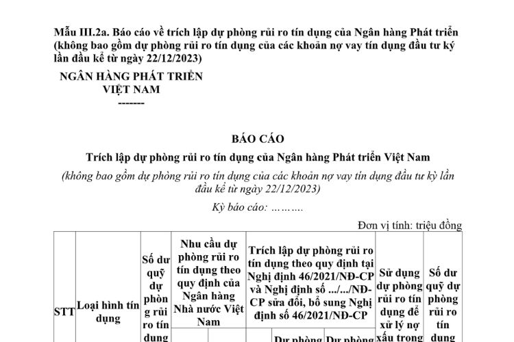Mẫu Báo cáo về trích lập dự phòng rủi ro tín dụng của Ngân hàng Phát triển (không bao gồm dự phòng rủi ro tín dụng của các khoản nợ vay tín dụng đầu tư ký lần đầu kể từ ngày 22/12/2023) 2 Mẫu Báo cáo về trích lập dự phòng rủi ro tín dụng của Ngân hàng Phát triển (không bao gồm dự phòng rủi ro tín dụng của các khoản nợ vay tín dụng đầu tư ký lần đầu kể từ ngày 22/12/2023)
