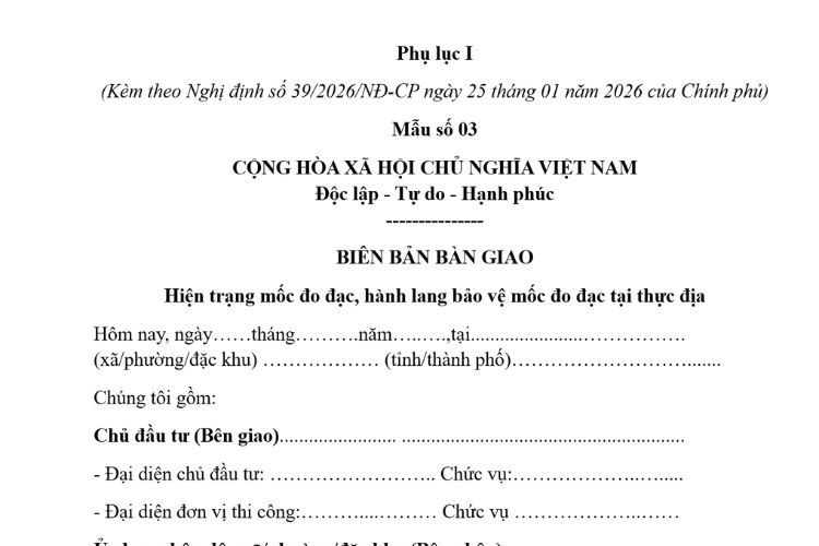 Mẫu Biên bản bàn giao hiện trạng mốc đo đạc, hành lang bảo vệ mốc đo đạc tại thực địa