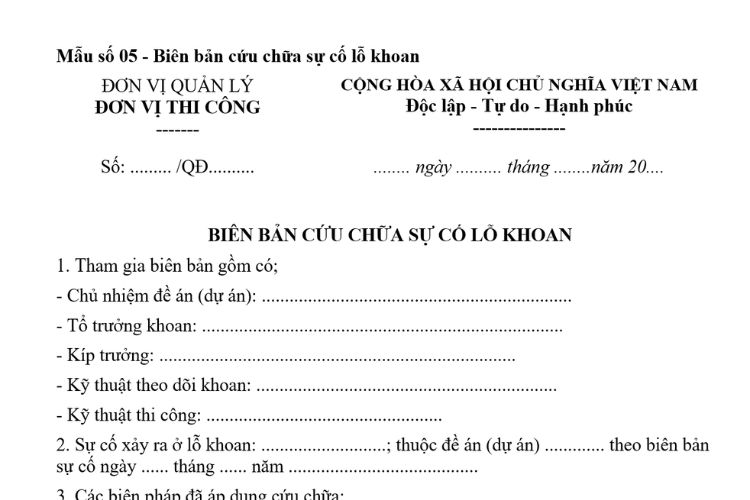 Mẫu Biên bản cứu chữa sự cố lỗ khoan