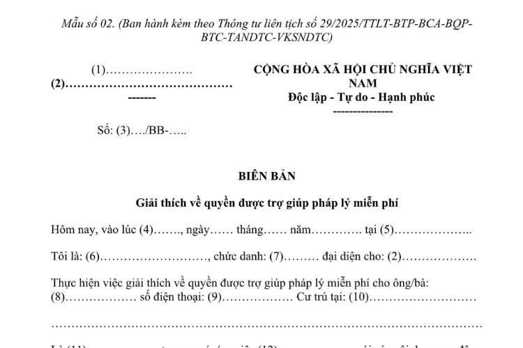 Mẫu Biên bản giải thích về quyền được trợ giúp pháp lý miễn phí