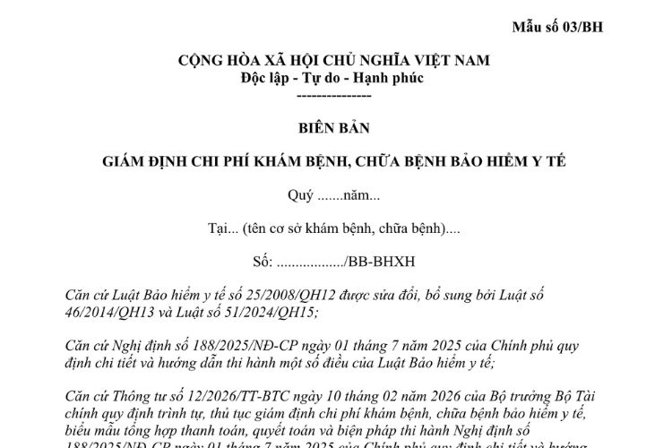 Mẫu Biên bản giám định chi phí khám bệnh, chữa bệnh bảo hiểm y tế