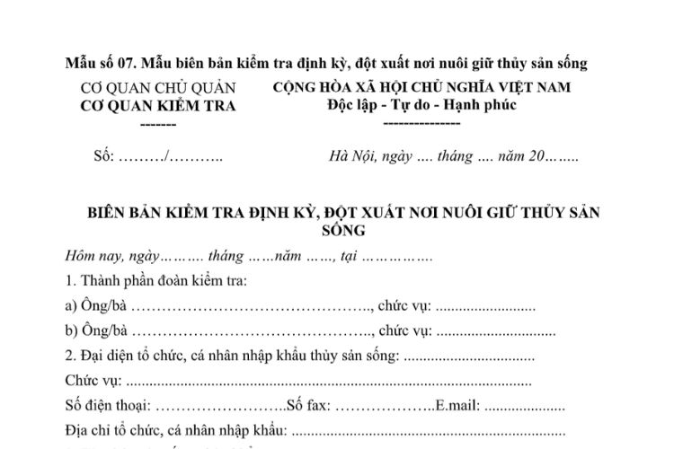 Mẫu Biên bản kiểm tra định kỳ, đột xuất nơi nuôi giữ thủy sản sống 2 Mẫu Biên bản kiểm tra định kỳ, đột xuất nơi nuôi giữ thủy sản sống