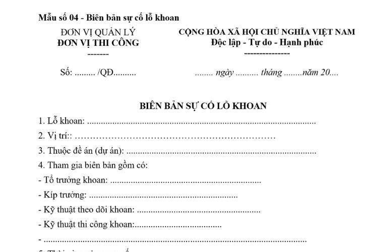 Mẫu Biên bản sự cố lỗ khoan