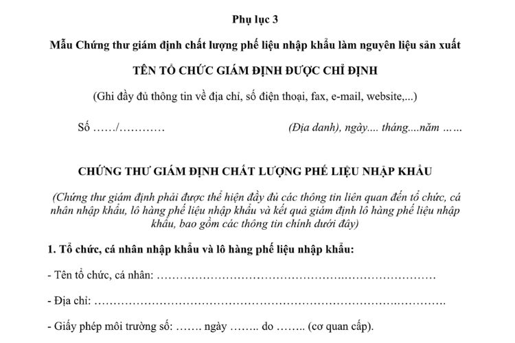 Mẫu Biên bản kiểm tra chất lượng phế liệu nhập khẩu làm nguyên liệu sản xuất 2 Mẫu Biên bản kiểm tra chất lượng phế liệu nhập khẩu làm nguyên liệu sản xuất
