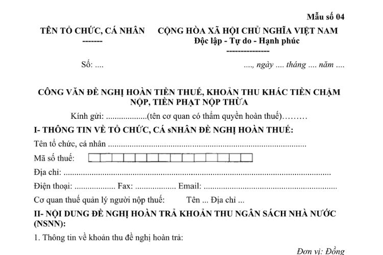 Mẫu Công văn đề nghị hoàn tiền thuế, khoản thu khác tiền chậm nộp, tiền phạt nộp thừa (đối với hàng hóa xuất khẩu, nhập khẩu)
