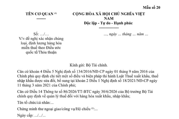 Mẫu Công văn đề nghị xác nhận chủng loại, định lượng hàng hóa miễn thuế theo điều ước quốc tế/thỏa thuận 2 Mẫu Công văn đề nghị xác nhận chủng loại, định lượng hàng hóa miễn thuế theo điều ước quốc tế/thỏa thuận