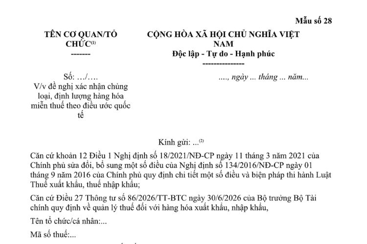 Mẫu Công văn đề nghị xác nhận chủng loại, định lượng hàng hóa miễn thuế theo điều ước quốc tế 2 Mẫu Công văn đề nghị xác nhận chủng loại, định lượng hàng hóa miễn thuế theo điều ước quốc tế