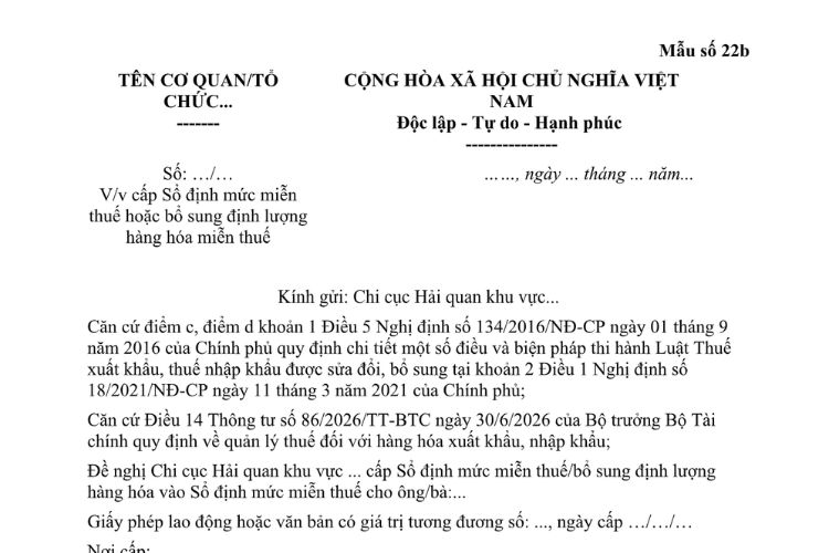 Mẫu Công văn về việc cấp sổ định mức miễn thuế hoặc bổ sung định lượng hàng hóa miễn thuế 2 Mẫu Công văn về việc cấp sổ định mức miễn thuế hoặc bổ sung định lượng hàng hóa miễn thuế