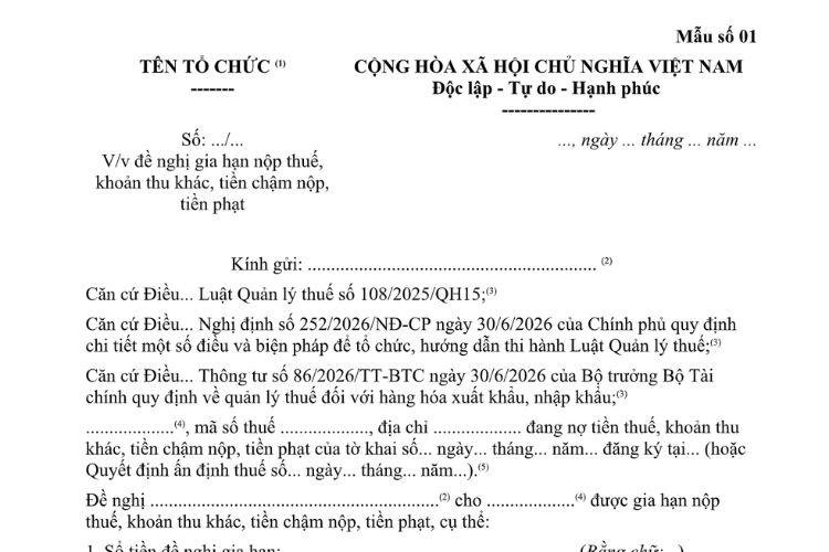 Mẫu Công văn về việc đề nghị gia hạn nộp thuế, khoản thu khác, tiền chậm nộp, tiền phạt (đối với hàng hóa xuất khẩu, nhập khẩu)