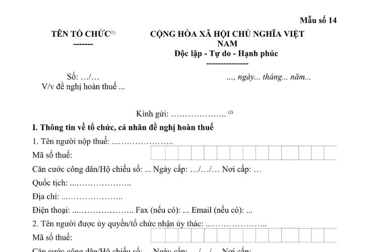 Mẫu Công văn về việc đề nghị hoàn thuế (đối với hàng hóa xuất khẩu, nhập khẩu)