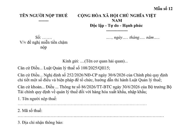 Mẫu Công văn về việc đề nghị miễn tiền chậm nộp (trong quản lý thuế đối với hàng hóa xuất khẩu, nhập khẩu) 2 Mẫu Công văn về việc đề nghị miễn tiền chậm nộp (trong quản lý thuế đối với hàng hóa xuất khẩu, nhập khẩu)
