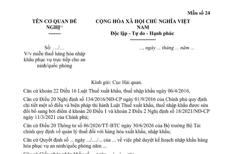 Mẫu Công văn về việc miễn thuế hàng hóa nhập khẩu phục vụ trực tiếp cho an ninh/quốc phòng 2 Mẫu Công văn về việc miễn thuế hàng hóa nhập khẩu phục vụ trực tiếp cho an ninh/quốc phòng