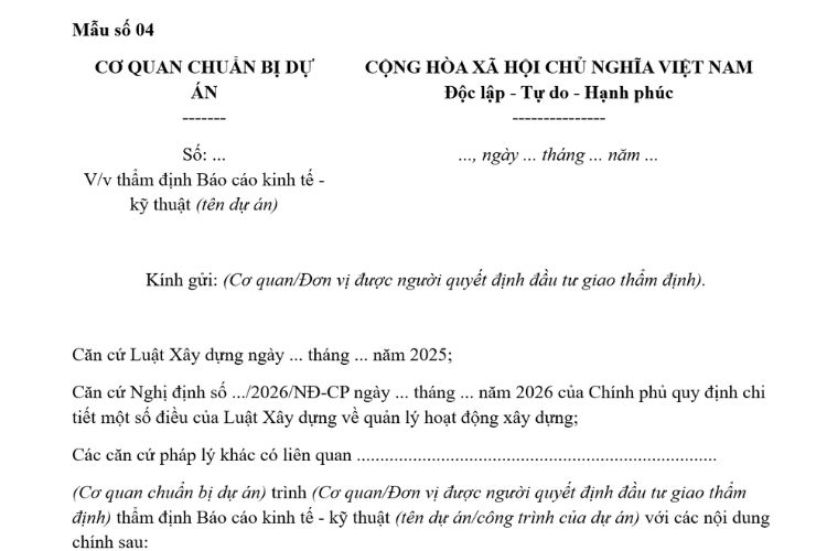 Mẫu Công văn về việc thẩm định Báo cáo kinh tế - kỹ thuật