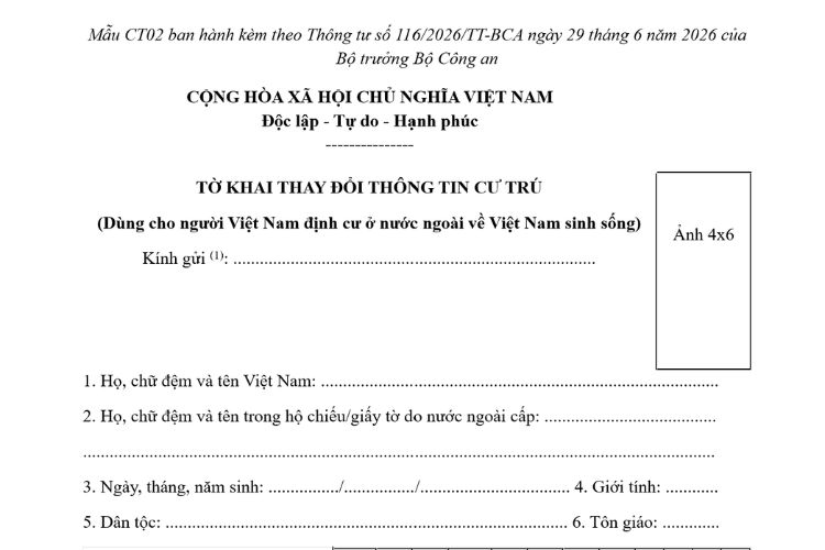 Mẫu CT02 | Tờ khai thay đổi thông tin cư trú mới nhất 2026
