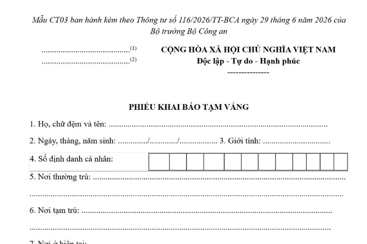 Mẫu CT03 | Phiếu khai báo tạm vắng mới nhất 2026