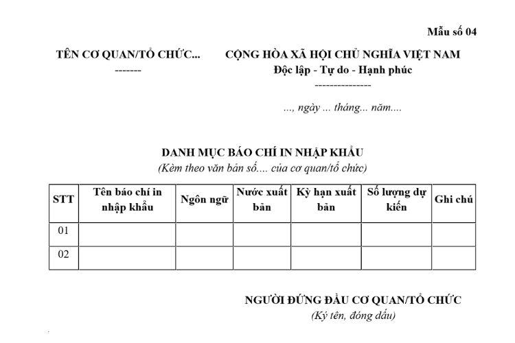 Mẫu Danh mục báo chí in nhập khẩu