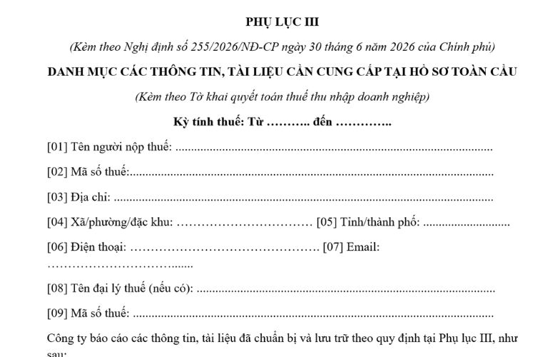 Mẫu Danh mục các thông tin, tài liệu cần cung cấp tại hồ sơ toàn cầu