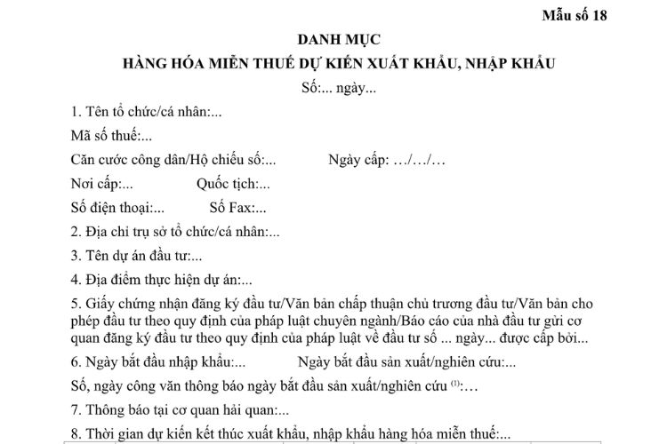 Mẫu Danh mục hàng hóa miễn thuế dự kiến xuất khẩu, nhập khẩu