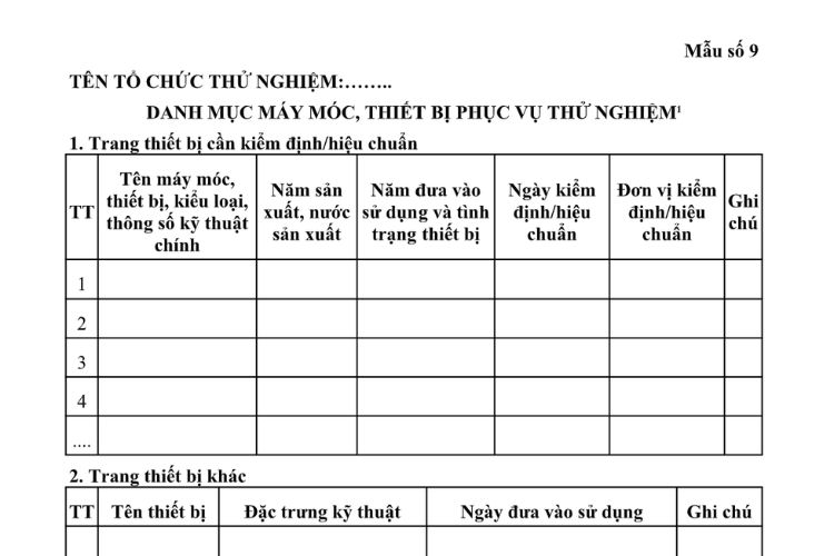 Mẫu Danh mục máy móc, thiết bị thử nghiệm phục vụ thử nghiệm