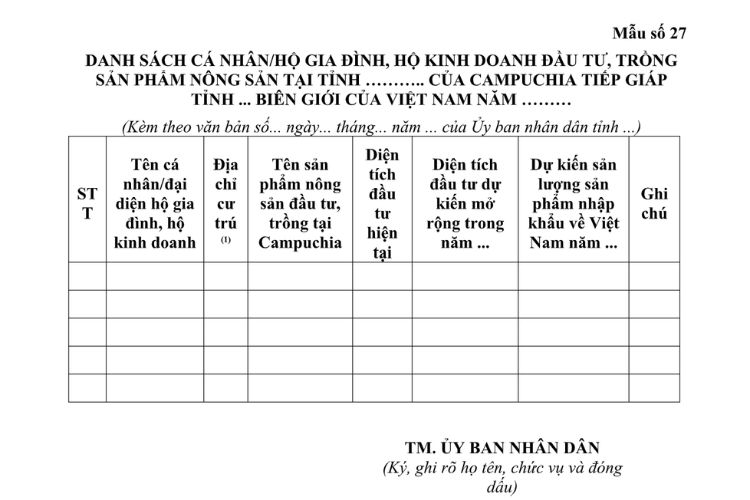 Mẫu Danh sách cá nhân/hộ gia đình, hộ kinh doanh đầu tư, trồng sản phẩm nông sản tại Campuchia tiếp giáp Việt Nam 2 Mẫu Danh sách cá nhân/hộ gia đình, hộ kinh doanh đầu tư, trồng sản phẩm nông sản tại Campuchia tiếp giáp Việt Nam